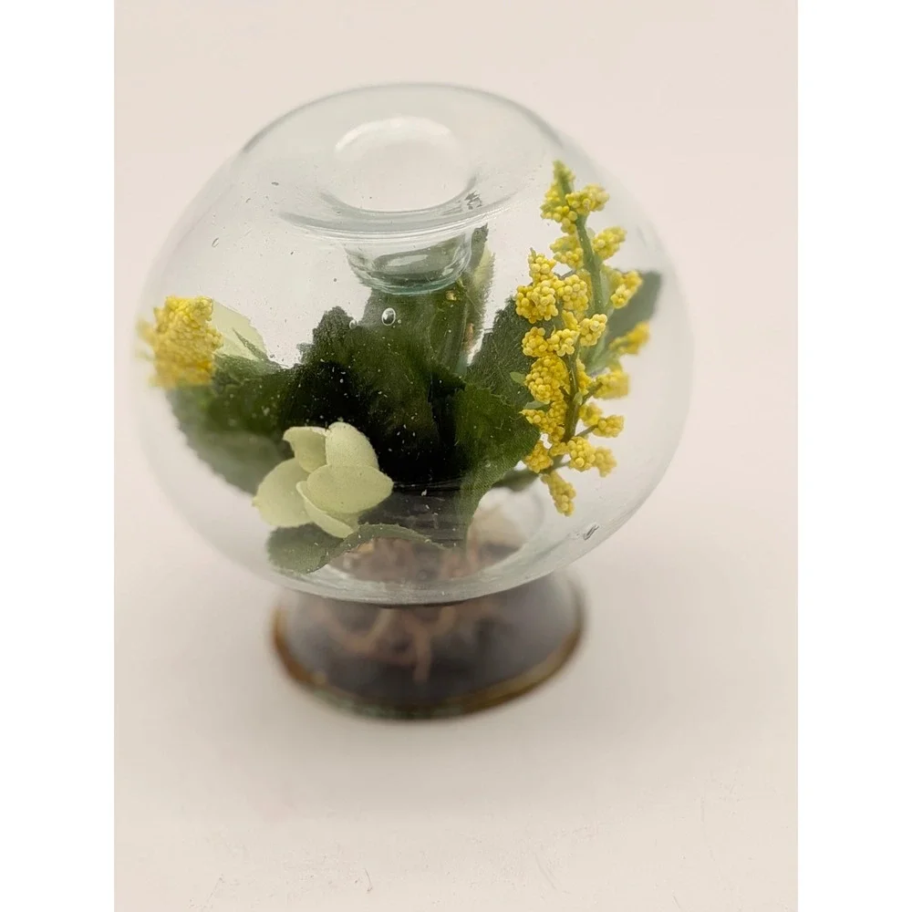 Vintage Glass Orb Candle Holder Encased Faux Yellow White Flowers Terrarium 3.5